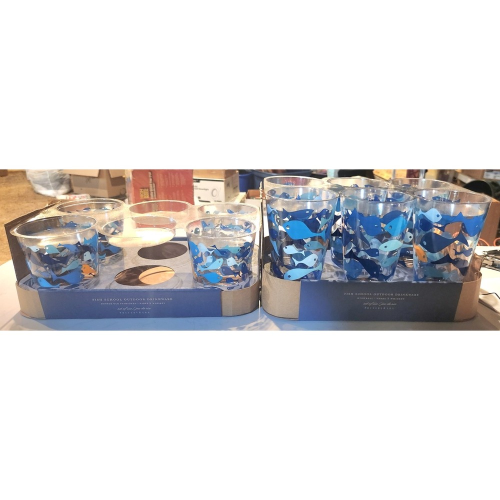 Pottery Barn Fish School Drinkware / 6 Tumblers & 4 Double Old Fashions